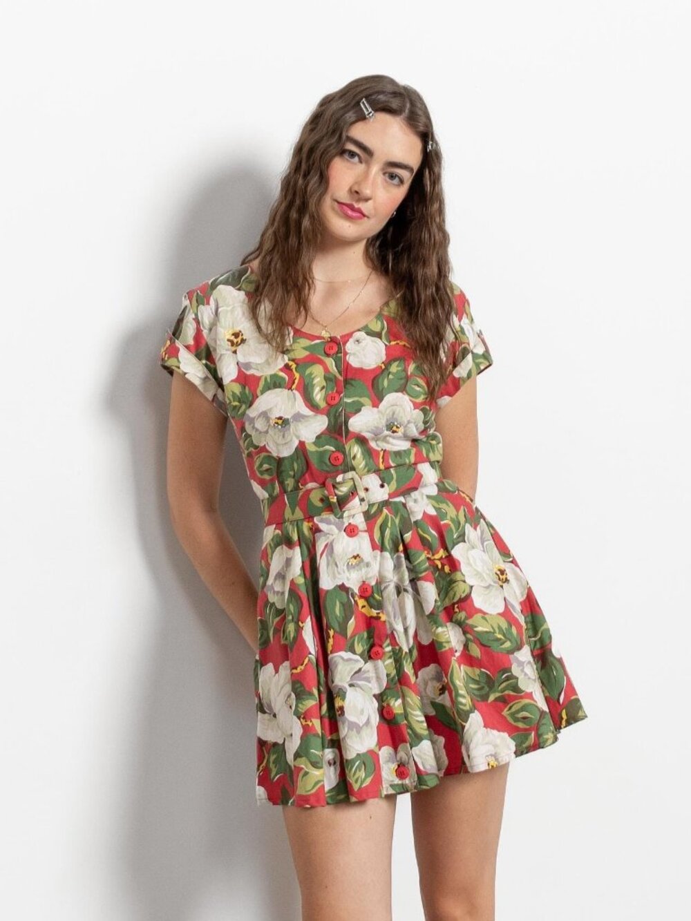 Floral RED MINI DRESS Wrap Vintage Tropical Hawaii Mini Cotton / Medium